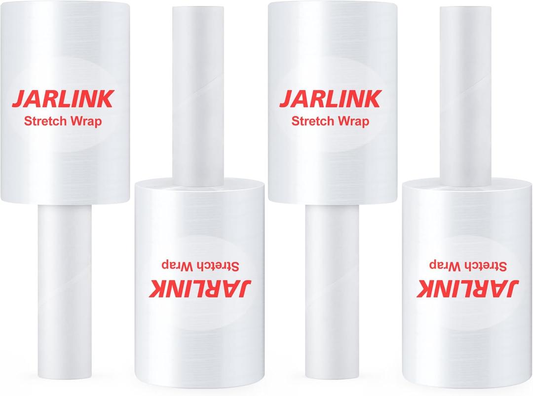 JARLINK 4 Pack Stretch Film, 5" 1000ft Mini Industrial Strength up to 500% Stretch Shrink Wrap with Handles, Thick Durable Self-Adhering Plastic Wrap for Pallet Wrap, Moving, Packing, 60 Gauge