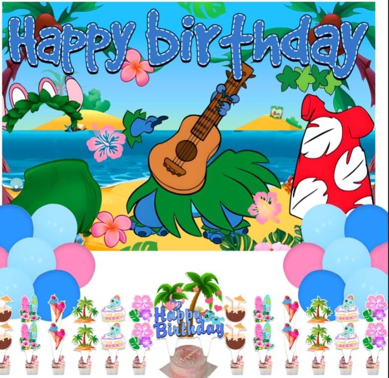Sittummer Stittch Party Supplies5x3FT,Stittch Backdrop,Cartoon Lilo Theme Happy Birthday Party Banner Cake Toppers for Boys and Girls Anime Party Decoration