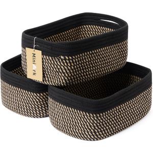 Small Storage Baskets for Organizing | Closet Organizer Bins | Shelf Toy Basket | Woven Rope Baskets | Cube Decorative Box | Shallow Basket | 13x8.5x5.1 | 3 Packs Black Brown
