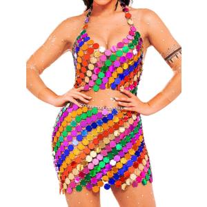 BODIY Rainbow Sequin Tops Skirt Set Rave Outfits for Women