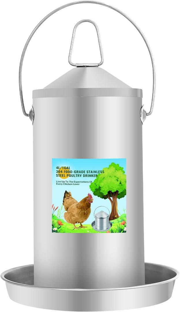 Automatic Chicken Waterer 4L/1.0Gal, 304 Food Grade Stainless Steel Heavy Duty Poultry Waterer with Handle, High Strength Structure 0.035 Inch Metal Thickness, No Assemble (Sliver, 4L/1.0Gal)