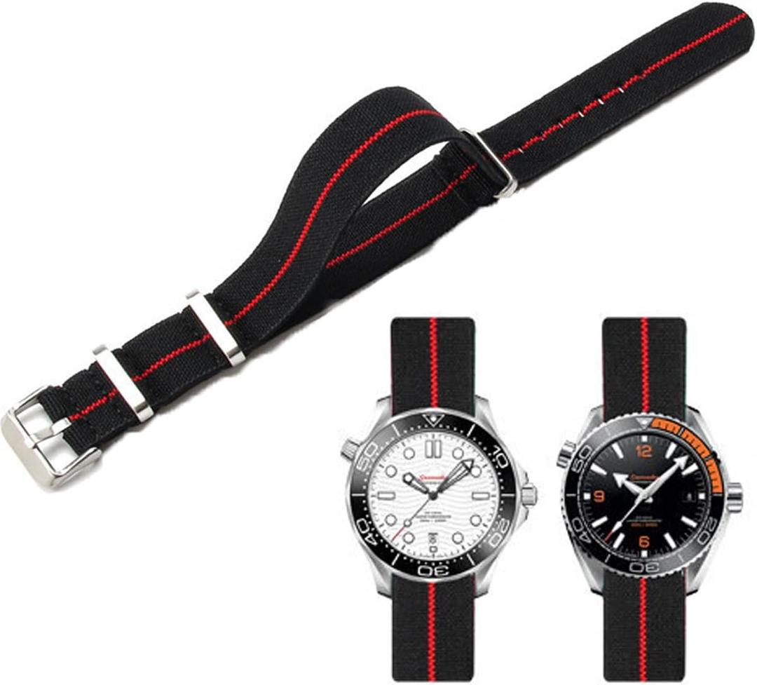 Nylon Elastic Watch Strap Military Parachute Style Watch Band 18mm 20mm 22mm Premium Striped Nylon One-Piece French Paratrooper Watchband Smartwatch Band Replacement Strap for Men Women (Black/Red)