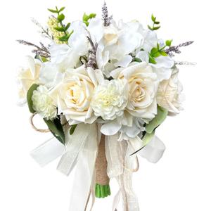 Wedding Bouquets for Bride Bridesmaid,Large Big Bridal Bouquet White Champagne Ivory Artificial Fake Silk Roses Flowers for Wedding French Vintage Boho Rustic Church Decoration Toss Bouquet (9.5in(L))