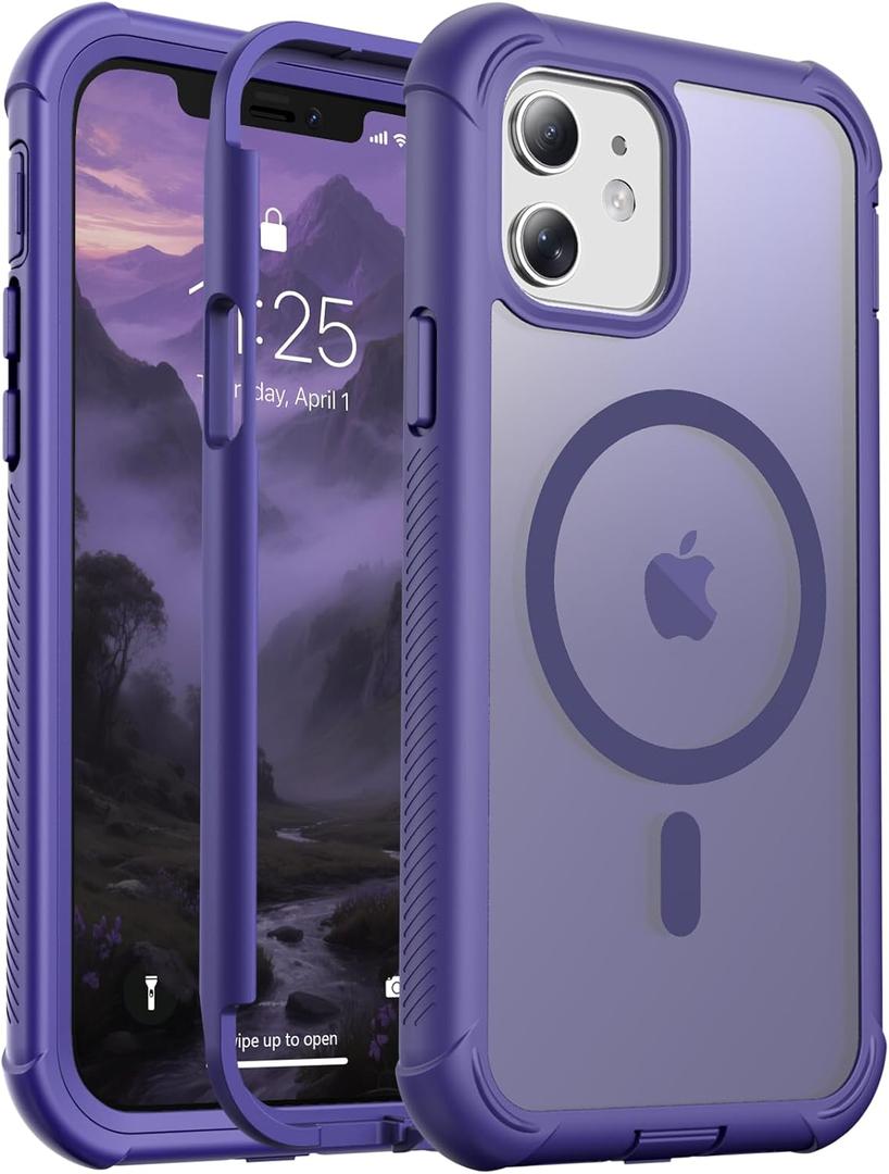 Magnetic for iPhone 12/12 Pro Case, [Compatible with MagSafe][Military Grade Drop Protection][Heavy Duty Protection][Non-Slip][Shockproof] 2-Layer Durable Bumper Phone Case 6.1''-Dark Purple