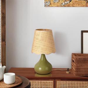 Ziqqeelam Green Cute Small Boho Table Lamp for Bedroom Bedside, Green Lamps for Nightstand, Scalloped Rattan Shade Table Lamps for Small Spaces for Bedroom, Home Office, Living Room, Kids Dorm