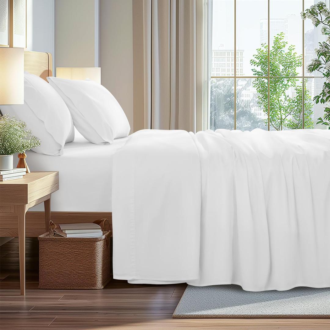 100% Egyptian Cotton Sheets Queen Size - 1000 Thread Count 4 PC Deep Pocket King Size Bed Sheet Set, Soft White Sateen Weave Luxury Hotel Cooling Sheet Sets(White)