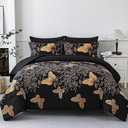 Yogeneg 7 Piece Bed in a Bag King Size Comforter Set Black Bedding Set,Gold Butterfly Leaves Printed on Black Reversible Design,Soft Microfiber Comforter with Sheet Set,All Season(Butterfly,King)