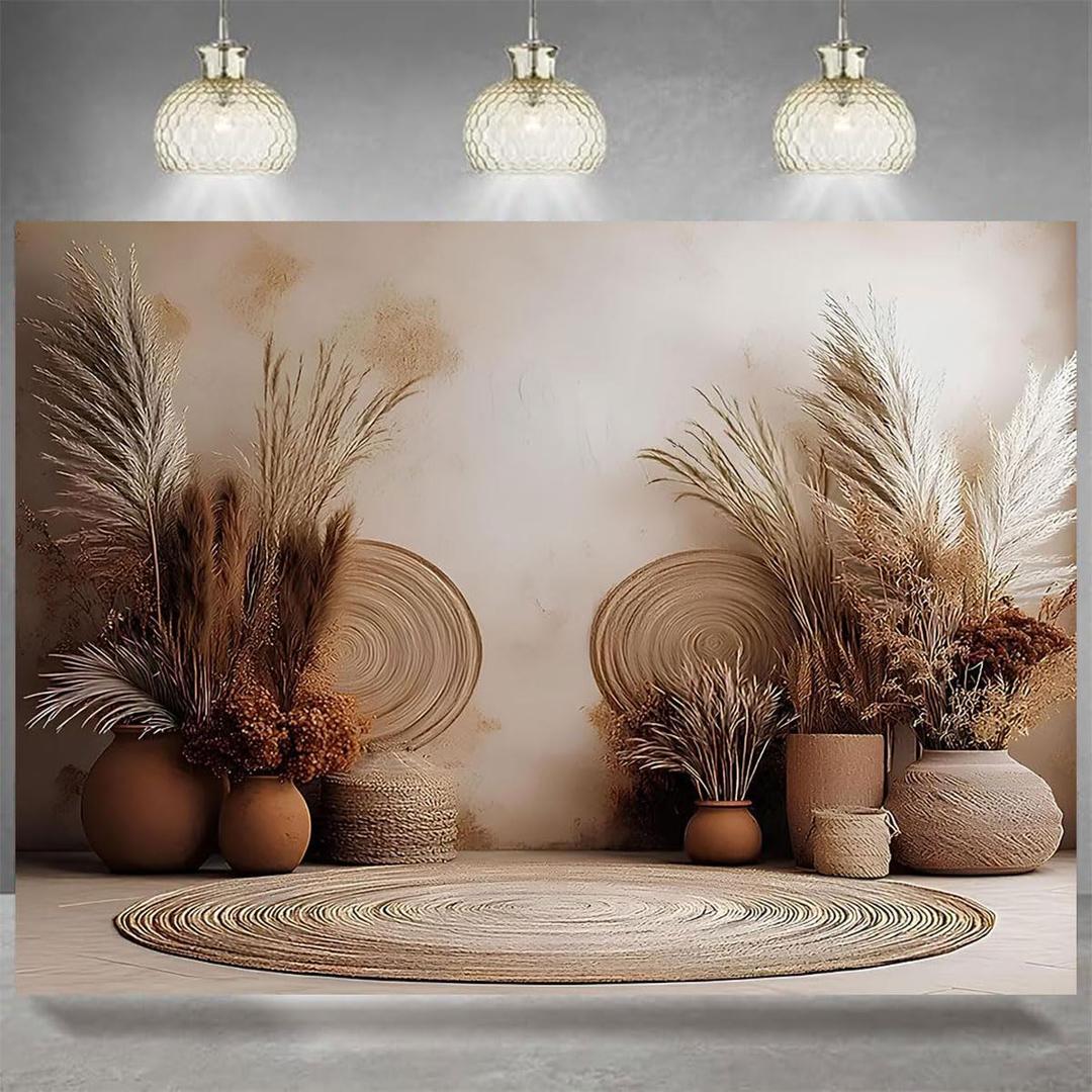 Bohemian Interior Backdrop Pampas Grass Beige Walls Bridal Baby Shower Birthday Party Decor Kids Adults Maternity Portrait Photography Photo Booth Props (7X5FT)