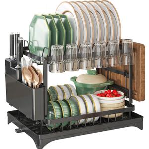 Dish Drying Rack 2 Tier, Space-Saving Dish Drainer with 360 Rotating Drainage Tray, Cup Holder Utensil Holder, Cutting Board Rack, Rustproof Stainless Steel Organizer for Small Kitchens, Apartments, Black