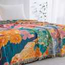 100% Cotton Floral Throw Blanket, Lightweight Muslin Quilt for Home Decor, All Season Reversible Jacquard Boho Farmhouse Picnic Blanket with Colorful Pattern,80"x90"