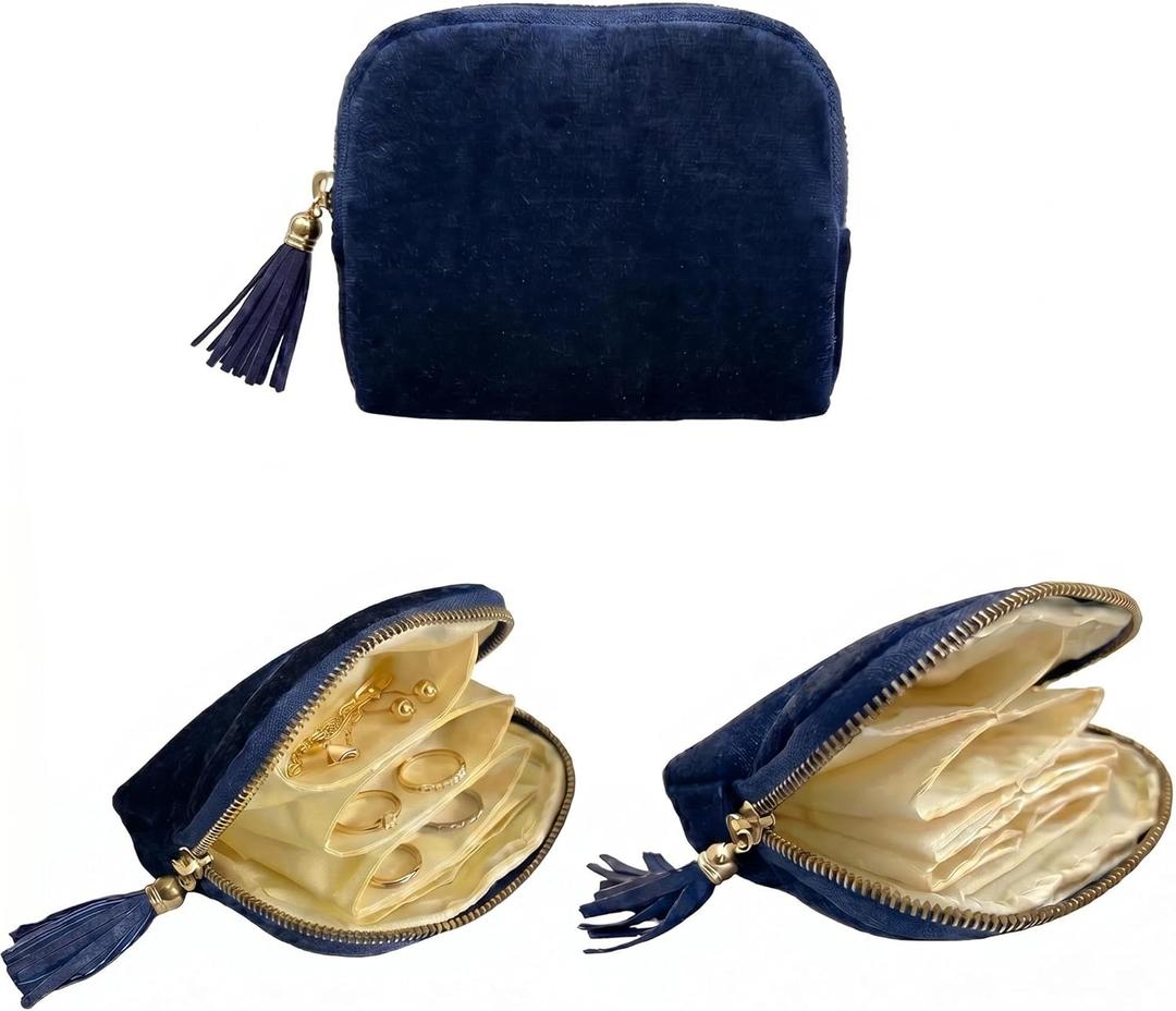 5.3" x 4.7" Small Travel Jewelry Case, Velvet Pouch with Tassel Zipper, Portable Organizer for Rings Earrings Bracelets, Anti-Scratch Storage for Travel & Daily Use (Sapphire)