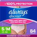 Always Discreet Adult Diapers for Women, Incontinence Underwear, Postpartum Essentials, Disposable Briefs, Max Absorbency, Bladder Leak Protection, Small/Medium, 84ct, 2 Pack