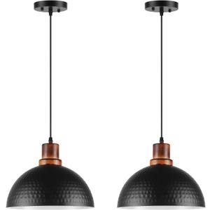 Black and Wood Pendant Lights 2 Pack, 11.8" Hammered Metal Dome Pendant Light Fixture Modern Black Pendant Lighting Hanging Ceiling Light for Kitchen Island Dining Living Room Restaurant