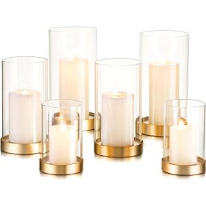 Hewory Hurricane Candle Holder for Pillar Candles: Gold Votive Candle Holders Set of 6, Glass Hurricane with Metal Candle Plate, Pillar Candle Holder for Table Centerpiece Wedding Holiday Home Decor