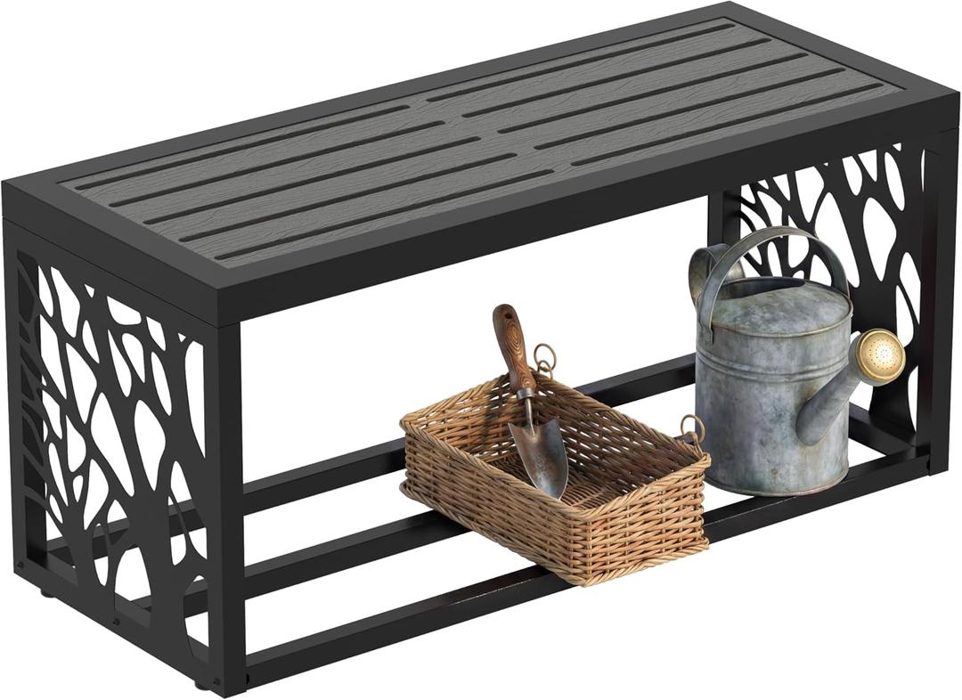 37" Outdoor Garden Bench with Storage Shelf, Modern Black Entryway Bench, Wood-Grain HDPE Seat, Galvanized Steel Frame with Powder Coating for Porch, Yard, Patio, Tree