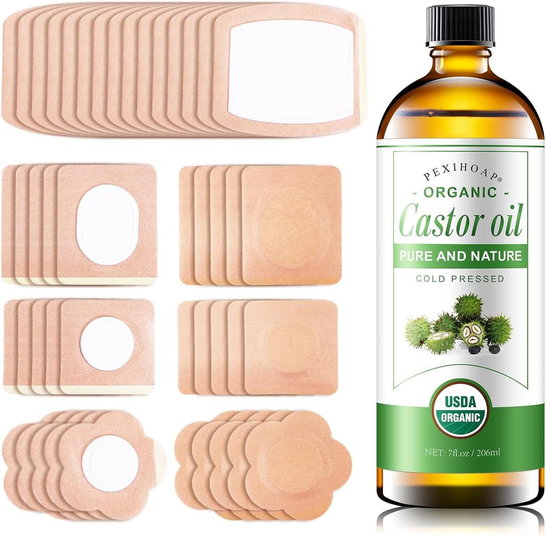 30Pcs Adhesive Castor Oil Patch with 7oz Organic Castor Oil Cold Pressed, Cotton Caster Oil Pack Wrap for Waist Back Neck Arm Belly