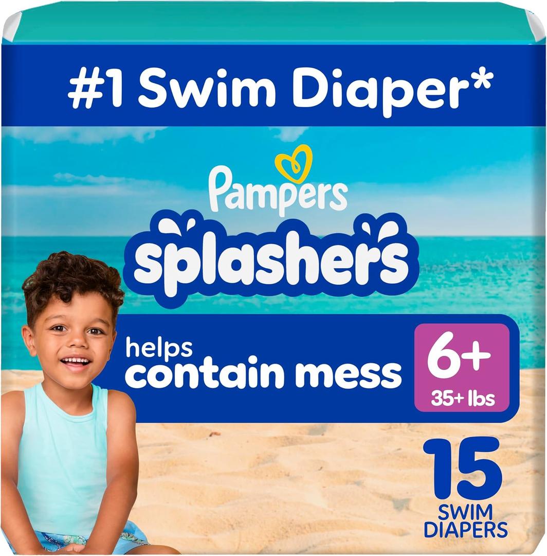 Pampers Splashers Swim Diapers, Size 6+, 15 Count, Disposable Swim Diapers, Contains Mess, No Swell