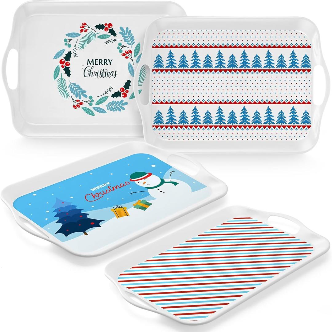 Bokon 4 Pcs Christmas Serving Trays with Handles 16"x 11" Large Christmas Platters Serving Dish Rectangular Xmas Tree Winter Holiday Food Tray for Snack Cookie Candy Dessert Plate Party (Winter Xmas)