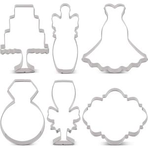 LILIAO Wedding Cookie Cutter Set for Anniversary/Bridal/Engagement - 6 Piece - Diamond Ring, Wedding Dress, Cake, Plaque, Champagne with Ribbon and Champagne Glass with Ribbon - Stainless Steel