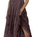 chouyatou Women's Lace Embroidered Tiered Maxi Dress Casual Suspender Strap Bib Overall Jumper Dress (Medium, Coffee)