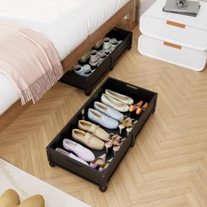 Bamboo Under Bed Storage Containers, Rolling Underbed Organizer with Wheels, Sturdy Under the Bed Shoe Storage Bins, Stackable Underbed Drawers for Bedroom Closet Clothing Toy 2 Packs (Black, Large)