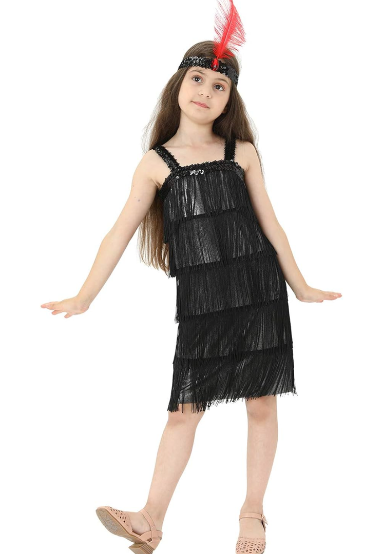 Leadtex Girl's 20s Flapper Dresses Costume Dress Childrens Party Fringed Dresses with Feather Headband,Size XL