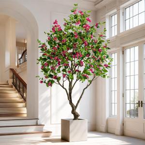 Artificial Bougainvillea Tree, 8FT UV Resistant Fake Bougainvillea Plant in Pot for Outdoor/Indoors, Realistic Faux Flowering Tree for Patio, Garden, Porch, Home Decor (Rose Red)
