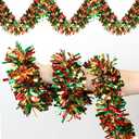 50 FT Christmas Tinsel Garland for Christmas Tree Decorations, Red Green Gold Metallic Twist Shiny Hanging Xmas Garlands for Stairs Mantle Fireplace Home Indoor Outdoor Holiday Party Suppliers Decor