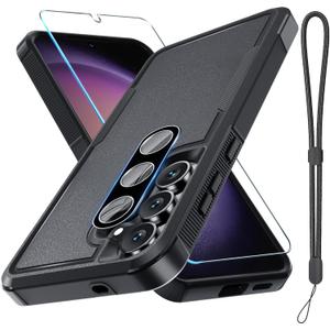 for Samsung Galaxy S25 FE Case with Screen Protector+Camera Lens Cover,Military Grade Heavy Duty Shockproof Phone Cover with Wrist Lanyard Strap for Samsung S25fe,Black Matte