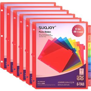 SUQJOY Binder Index Dividers with Tabs, 48 Count 3 Ring Binder Dividers with Pockets, 8 Tab Dividers for 3 Ring Binder, Plastic Sheet Protectors for US Letter Size, 8 Color Tab Dividers,6 Packs