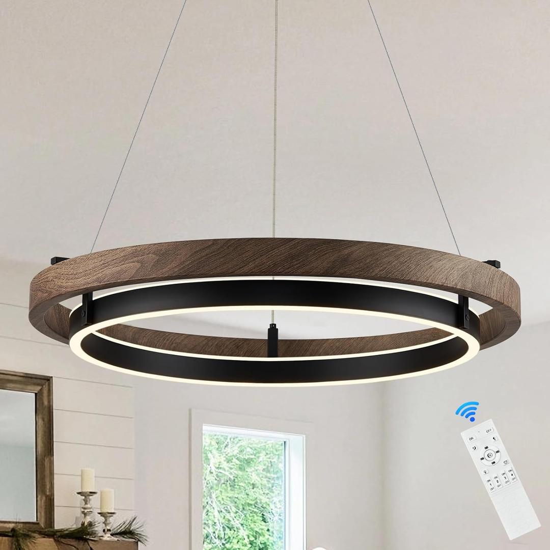 LED 2 Ring Chandelier Dimmable Up Down Light Black Chandelier Round Foyer Chandeliers Light Walnut Wood Black Circular Chandeliers for Dining Room Entry Bedroom Office Living Room