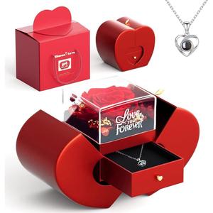 Preserved Red Real Rose with I love you Necklace 100 Languages, Forever Flowers Rose Birthday Gifts for Girlfriend, Mom, Grandma, Wife, Idea on Christmas, Valentine, Mother's Day, Anniversary (Red)