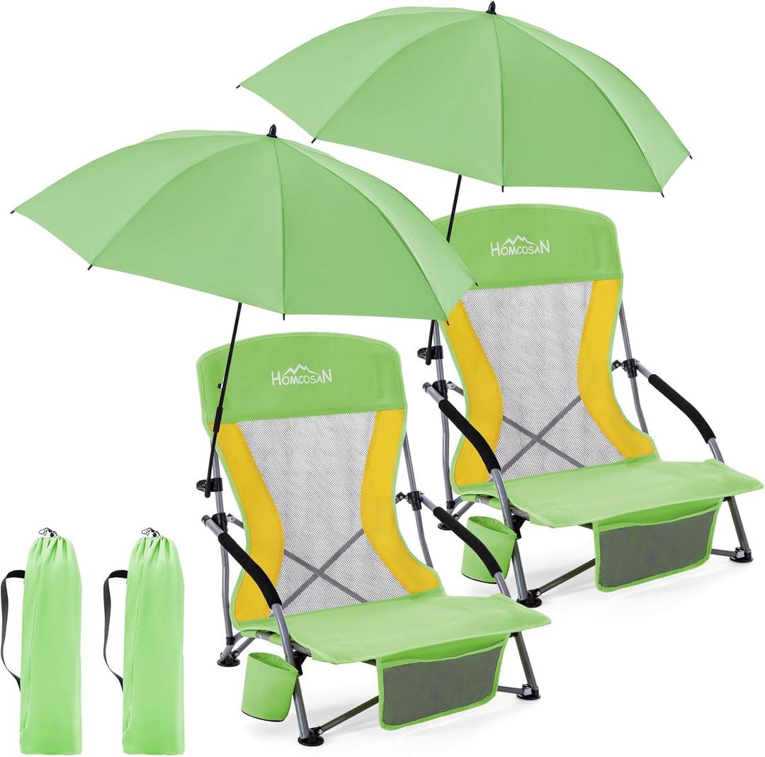Homcosan Portable Low Folding Beach Chairs Set of 2 with Detachable Umbrellas - Lightweight Camping Chairs for Adults with Cup Holder & Storage Pockets, Carry Bag Included (Green & Yellow)