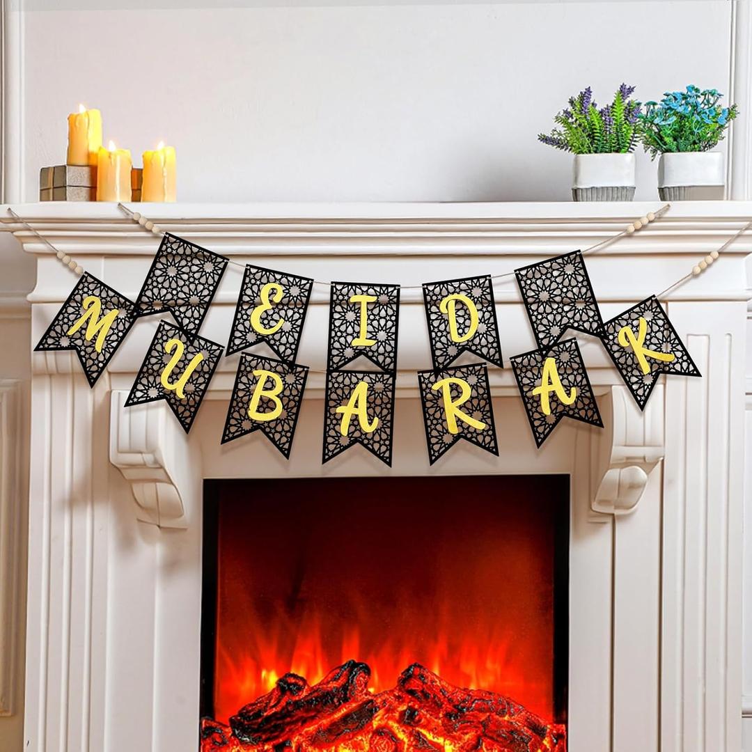 Menkxi 2 Pcs Eid Mubarak Banner Decorations Wooden Ramadan Eid Decoration for Home Rustic Ramadan Mubarak Garland Hanging Supplies for Mantel Fireplace Muslim Home Indoor Outdoor Party(Black, Gold)