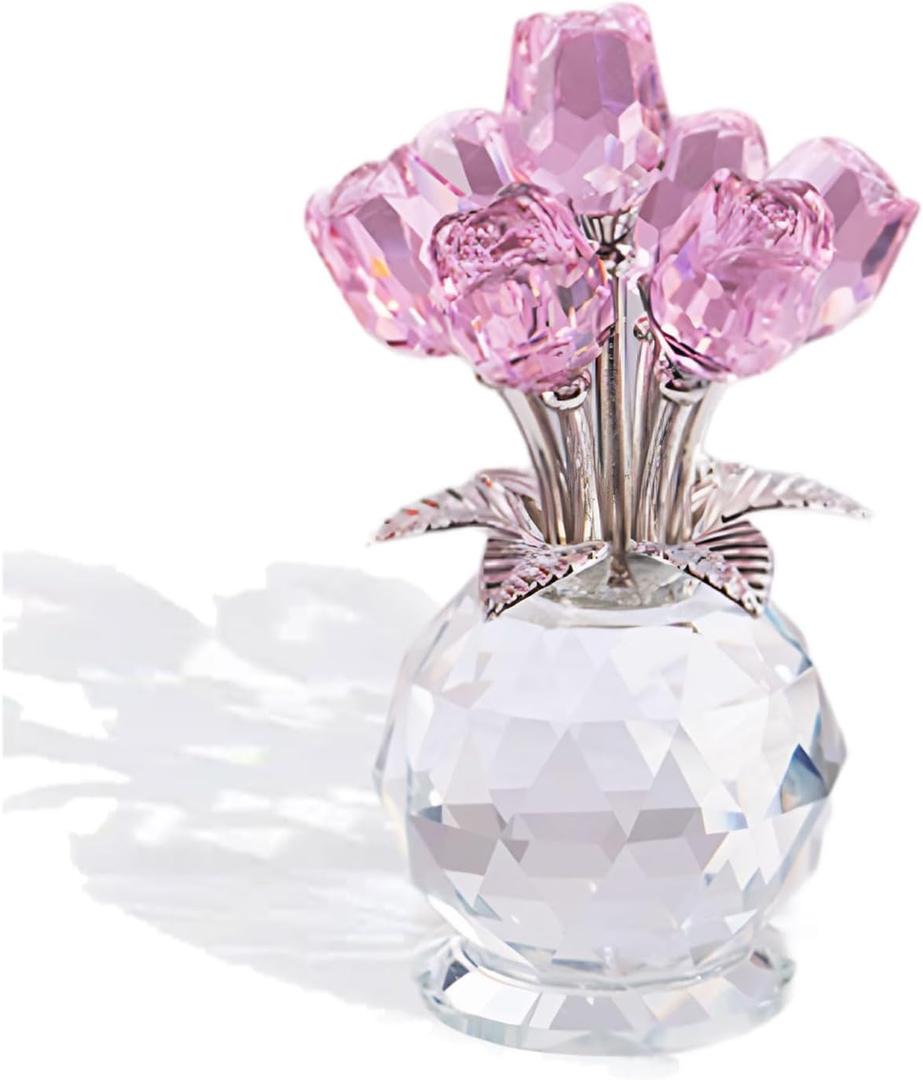 Crystal Rose Flower Collectible Figurine,Valentines Gifts for Girlfriend or Wife Bouquet Figurines Artificial Flowers Quartz Glitter Roses for Glass Flowers(Pink)