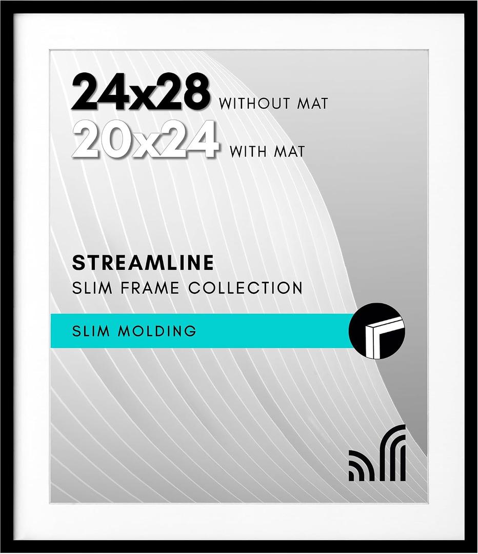 Americanflat 24x28 Picture Frame with Polished Plexiglass - Use as 20x24 Frame with Mat or Display 24x28 Photo Without Mat - Streamline Collection - Thin Border Picture Frames for Wall - Black