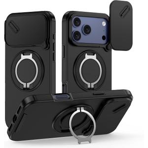 for iPhone 17 Pro Max Case with Phone Grip Holder Adjustable Kickstand & Camera Slide Cover, Slim Military Grade Drop Protection Rugged Shockproof Protective Cell Phone Cover 6.9 Inch, Black