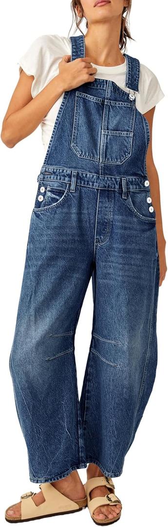 PLNOTME Womens Denim Bib Overalls Barrel Leg Adjustable Strap Jean Pants Jumpsuits with Pockets (Medium, Navy)