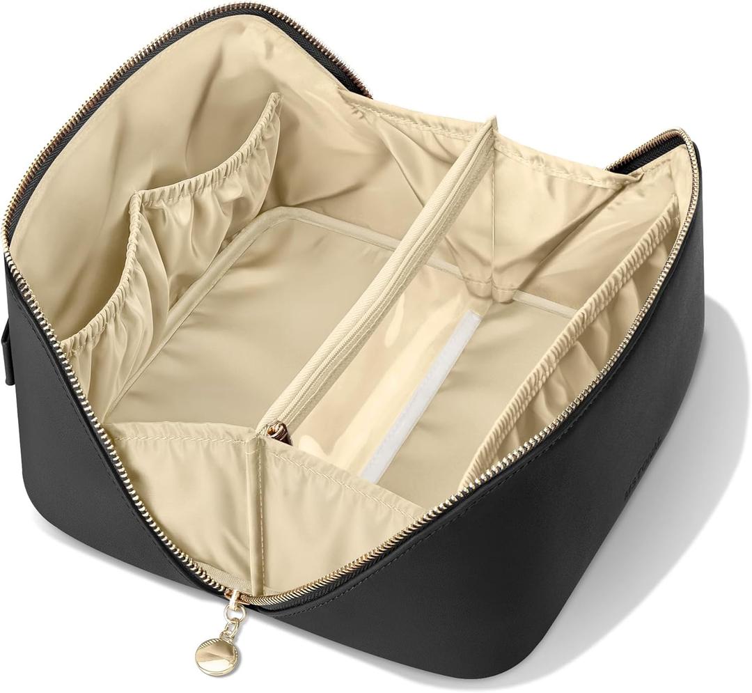 Travel Makeup Bag, Large Capacity Cosmetic Bags for Women, Waterproof Portable Pouch Open Flat Make up Organizer Bag with Dividers and Handle, Toiletry Bag for Essentials (Medium, Black)