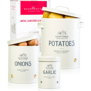 Potato, Onion & Garlic Storage Bin Set, 3 Metal Kitchen Containers with Ventilation Holes, Matte Alabaster White, Vintage Farmhouse Canisters
