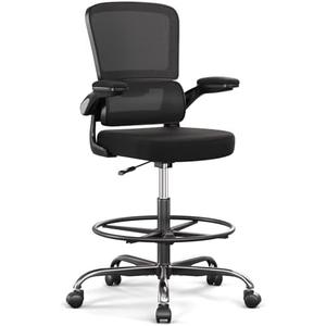 Ergonomic Drafting Chair with Footrest,Tall Office Chair for Standing Desk with Flip-up Armrests with Breathable Comfy Mesh Support and Adjustable Foot Rest Ring(Black)