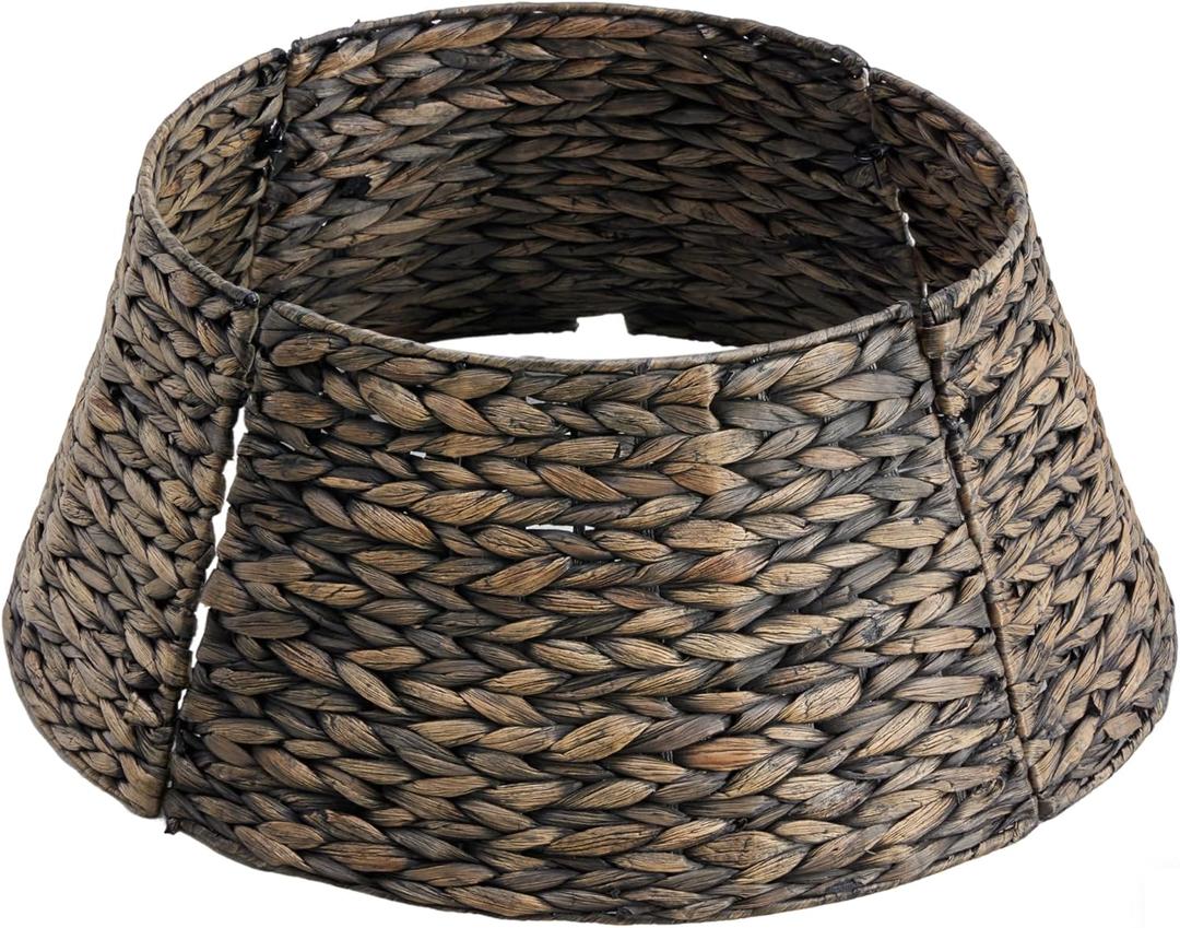 Christmas Tree Collar, Tree Skirt, Woven Hyacinth Rattan 4-Panel Tree Collar w/Cord Access Hole & Easy Lock Design
