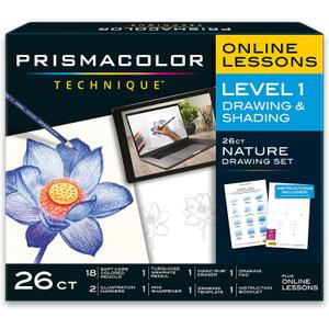 Prismacolor Technique Art Supplies and Digital Art Lessons, Nature Drawing Set Level 1, Learn to Draw with Colored Pencils, Graphite Pencils, and More, 26 Count