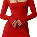 Women's Sexy Long Sleeve Square Neck Side Slit Party Night Out A-line Mini Dress