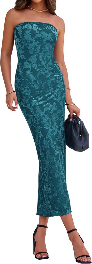 BTFBM Women Spring Dresses 2025 Elegant Wedding Guest Dresses Bodycon Tube Maxi Dress Split Floral Cocktail Dress (L)