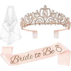 JETKONG 3 Pcs Bachelorette Party Decorations Bridal Shower Crown, Bride to Be Sash&Veil for Women Bachelorette Party Gifts, Bachelorette Party Supplies, Gifts, Favors (Rose Gold)