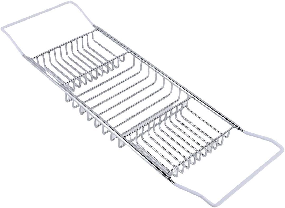 Pssopp Stainless Steel Bathtub Caddy Tray, Stylish Modern Aesthetics Easy to Cleanup Expandable Shower Tub Tray for Luxury Bathroom (Silver)