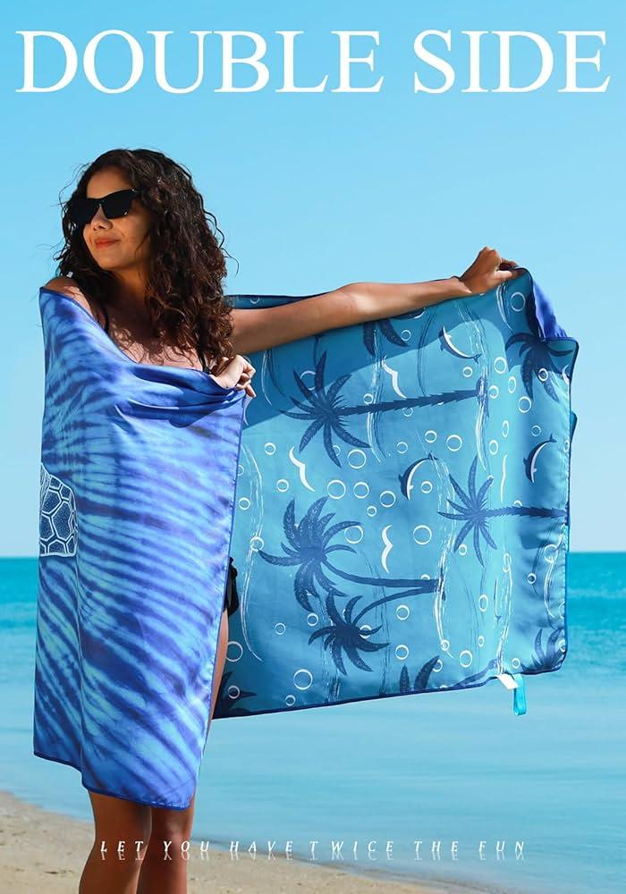 Beach Towel，Microfiber Quick Dry Sand Free Towel with Palm and Dolphin Design, Lightweight Large Beach Towel for Adults, 29 * 58" for Beach Pool Vacation (Blue, 28 * 59（inch)