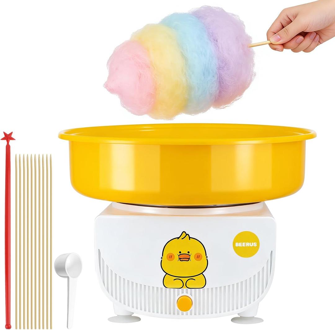Cotton Candy Machine for Kids & Family, Mini Yellow Duck Electric Cotton Candy Maker with 11 Sticks & Sugar Scoop, Cute Cartoon Design for Birthday Christmas Party Gifts