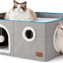 Bedsure Large Cat Beds for Indoor Cats - Extra Wide Cat Cube House for Small Pet with Fluffy Ball Hanging and Scratch Pad, Foldable Pet Cave Hideaway for Multiple Cats, 23.6x16.9x13 inches, Grey